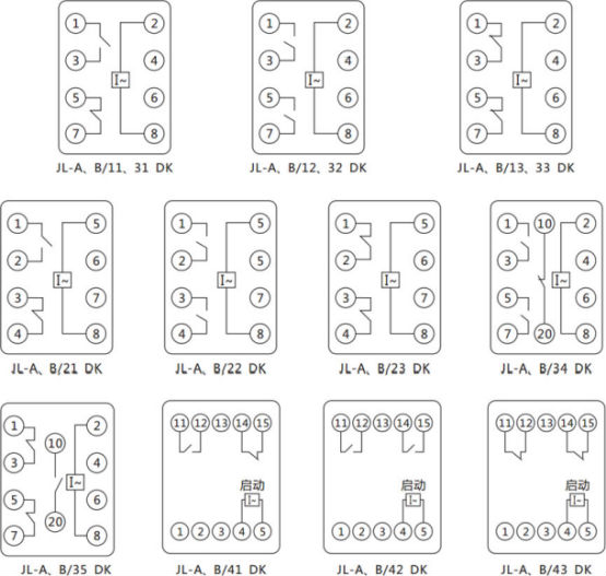 JL-A、B/21 DK無輔源電流繼電器內(nèi)部接線及外引端子圖（正視圖）