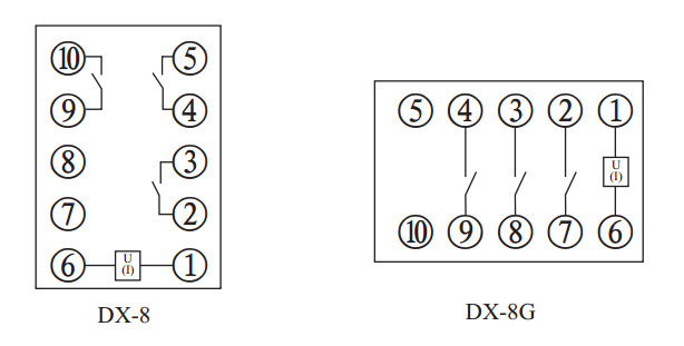 DX-8G信號(hào)繼電器內(nèi)部接線及外引接線圖