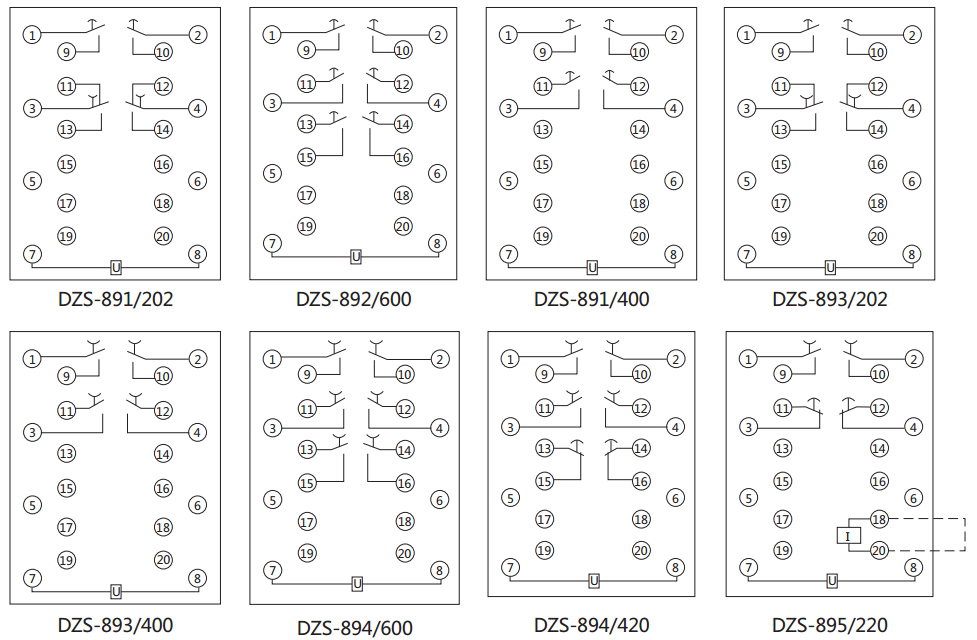 DZS-893延時中間繼電器內部接線圖及外引接線圖（背視）